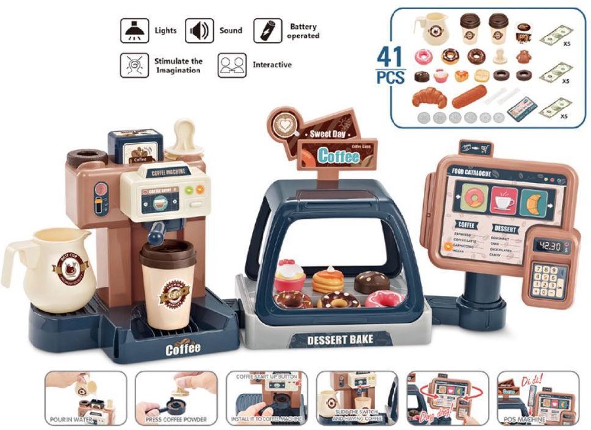 4yourkids - Speelgoed koffiebarset - Bruin - 41 stuks - koffiemachine - café en bakkers - Kassa - Coffee Shop - Vroege educatieve ontwikkeling - Rollenspel - Jongen en meisjes - Kinderen - 3 jaar - Gift - Cadeau - Sinterklaas - Kerst