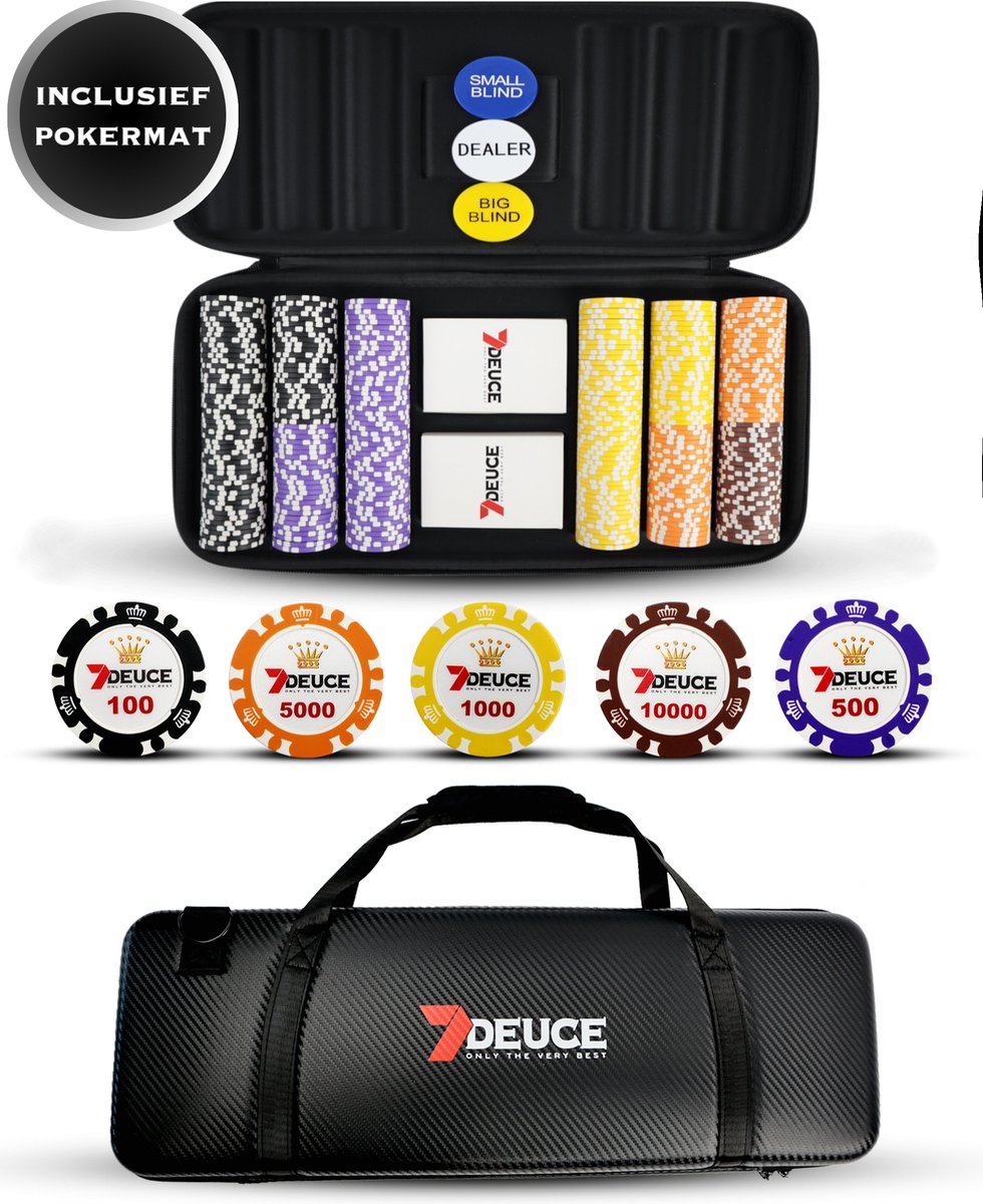 7DEUCE® Carbon Poker Set met 300 Keramische PokerFiches inclusief Pokermat, Speelkaarten, Buttons – Poker