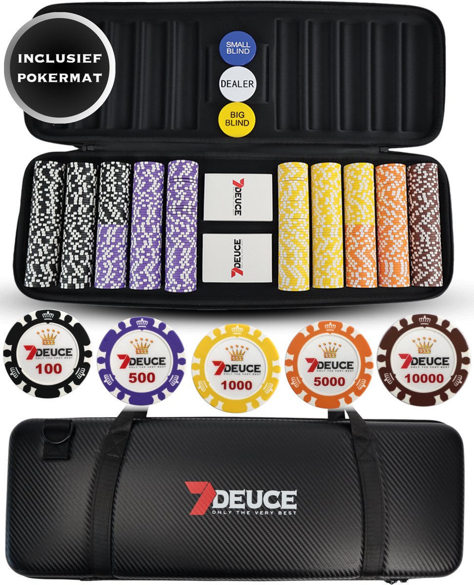 7DEUCE® Carbon Poker Set met 500 Keramische PokerFiches inclusief Pokermat, Speelkaarten, Buttons – Poker