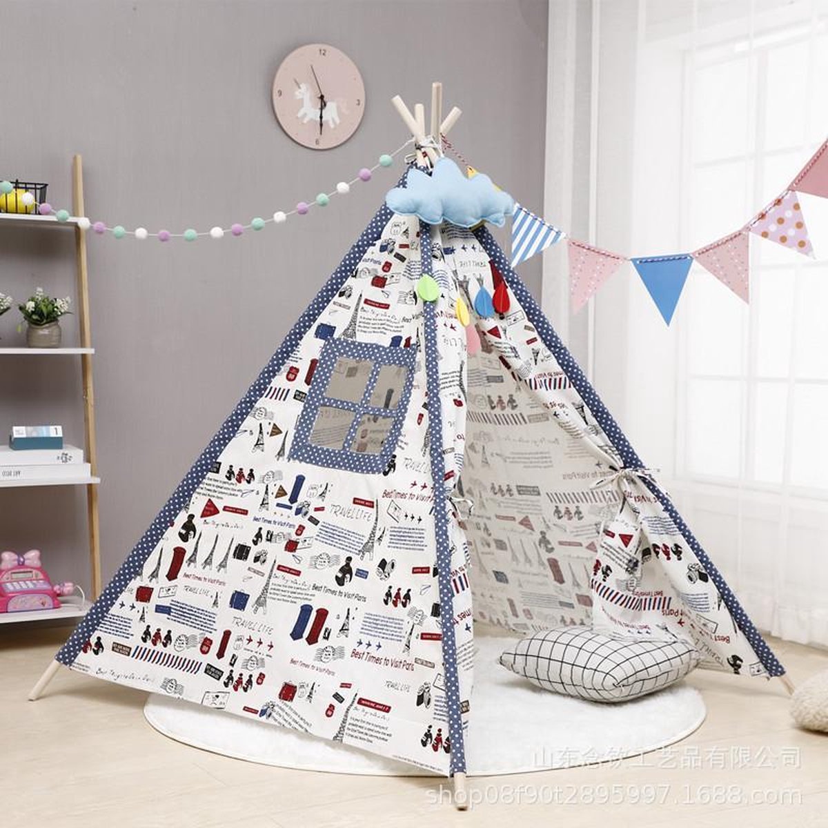 Speeltent Tipi Tent voor Jongens en Meisjes - Speelhuis Wigwam voor Kinderen met Mat en Vlaggetjes – 135x110 cm - Wit Blauw