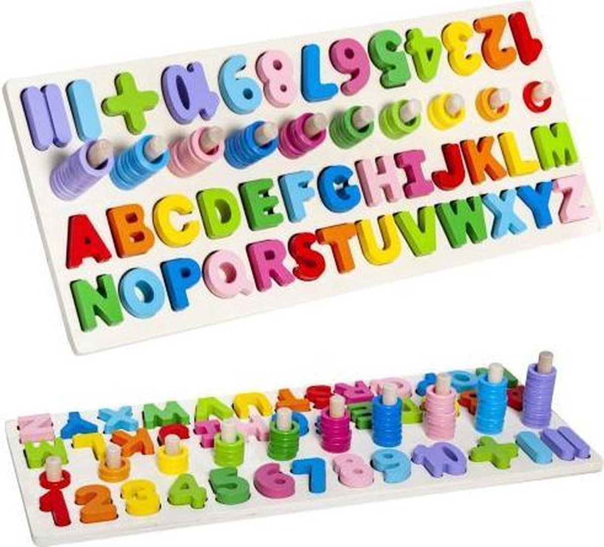 A&K Educatief Houten 4-in-1 Alfabet Puzzel (Hoofdletters) + Getallen Rekenpuzzel + Vormenpuzzel + Kleuren – Tellen en stapelen – Montessori Speelgoed – Wooden Blocks – Leer Letters, Cijfers & Vorm – Early Education Toy