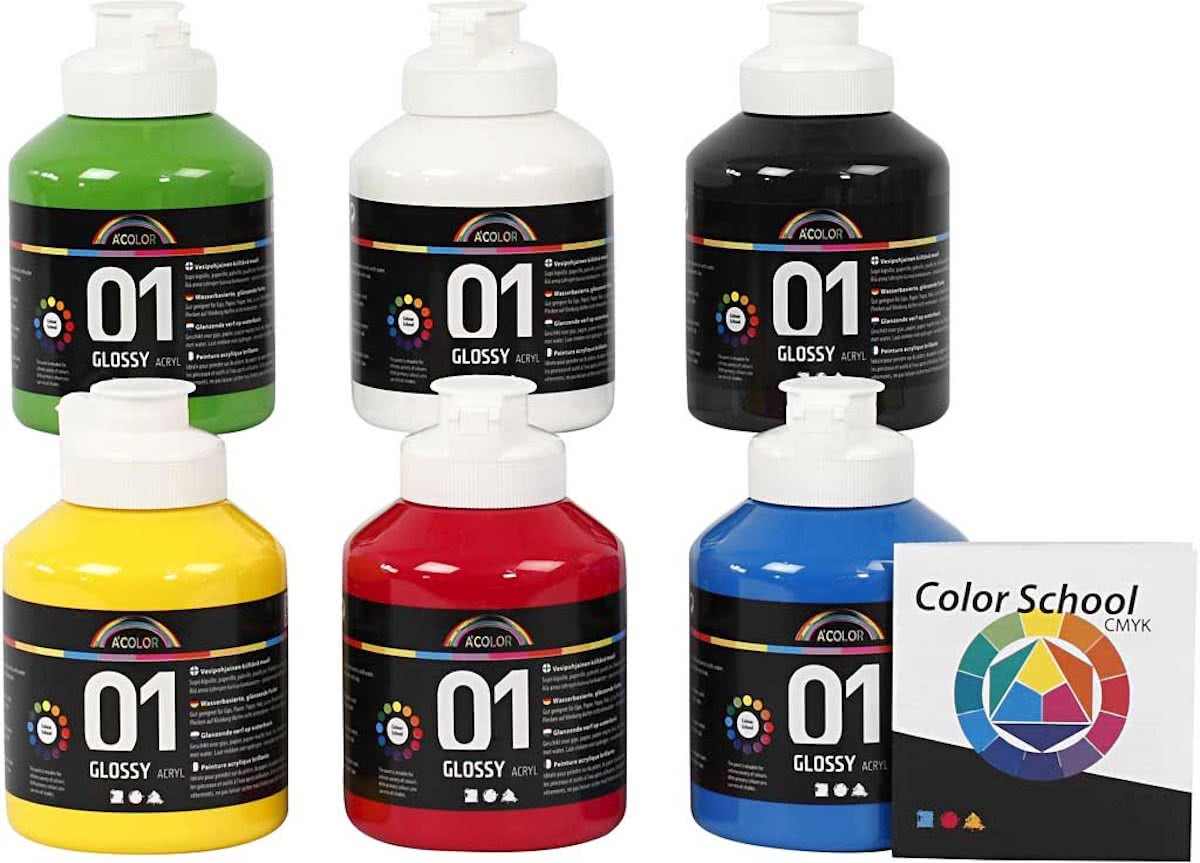 A-color Acrylverf - Colour School, primaire kleuren, 01 - glossy, 6x500 ml