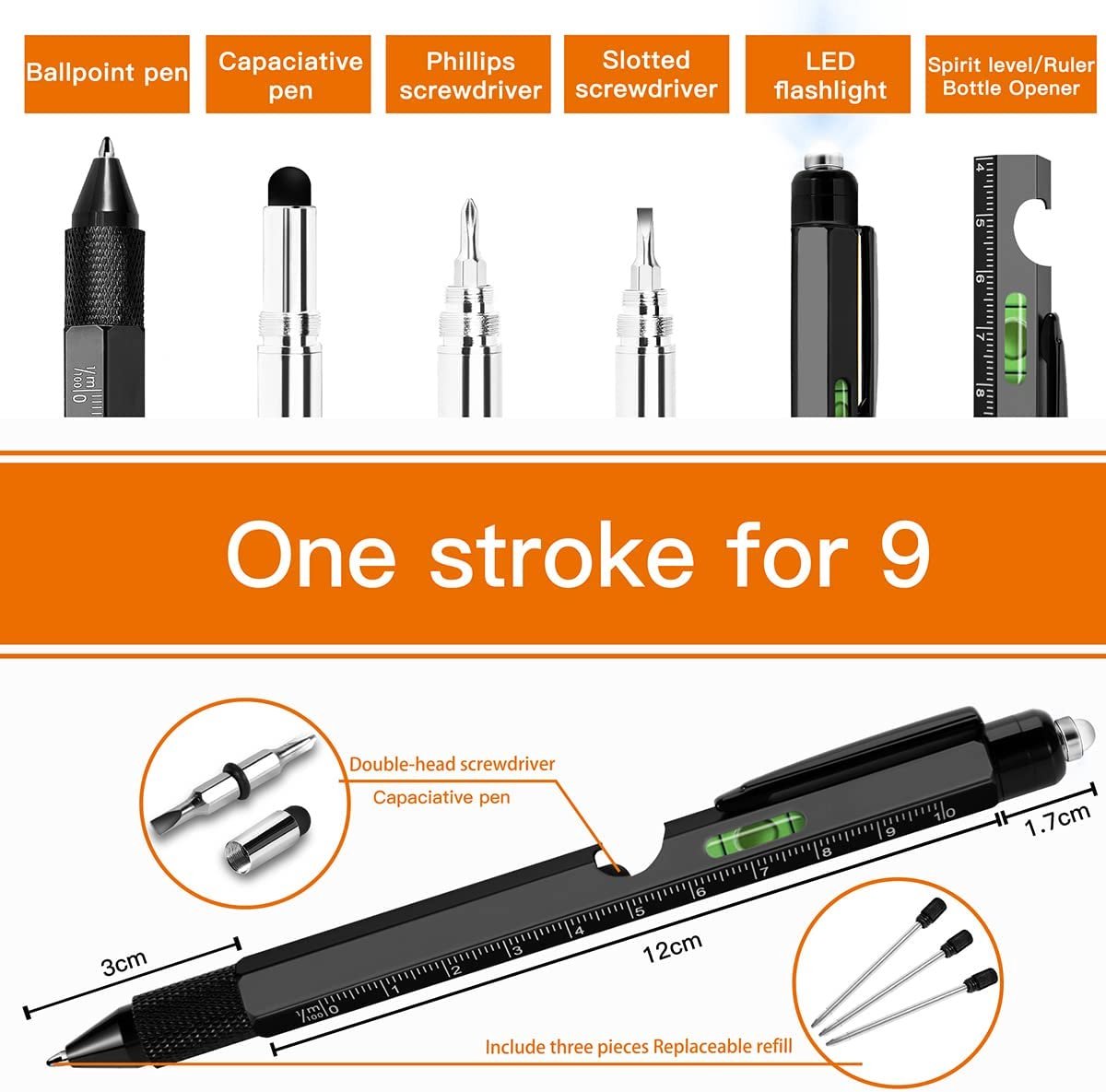 WDMT™ 9 in 1 multifunctionele pen - vader dag klussen - leuk cadeau - gadgets mannen zwart