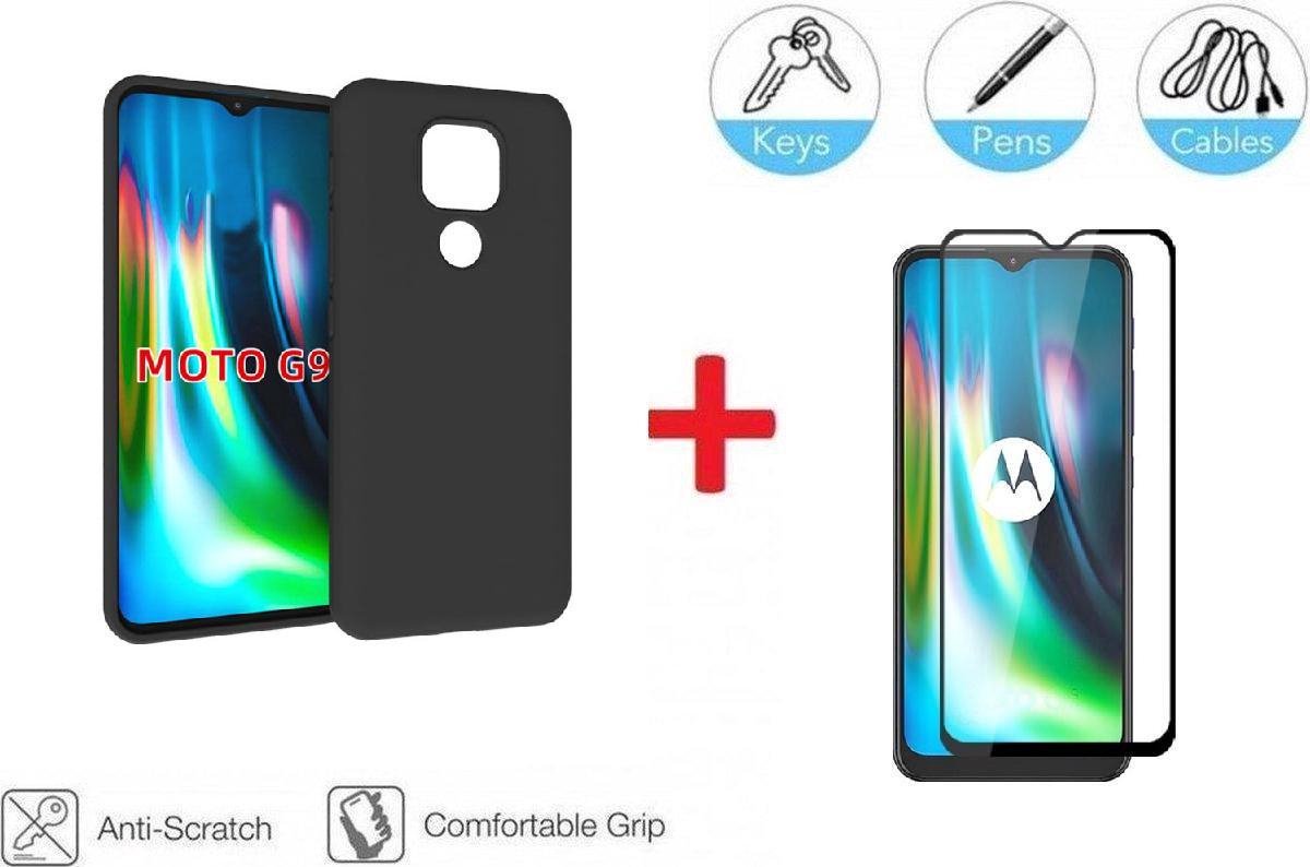 2-In-1 Screenprotector Bescherming Protector Set Voor Motorola Moto G9 Play - Full Cover 3D Edge Tempered Glass Screen Protector Met Siliconen Back Bescherm Hoes Cover Case - Doorzichtig Gehard Glas Beschermglas Met Backcover Mat Zwart