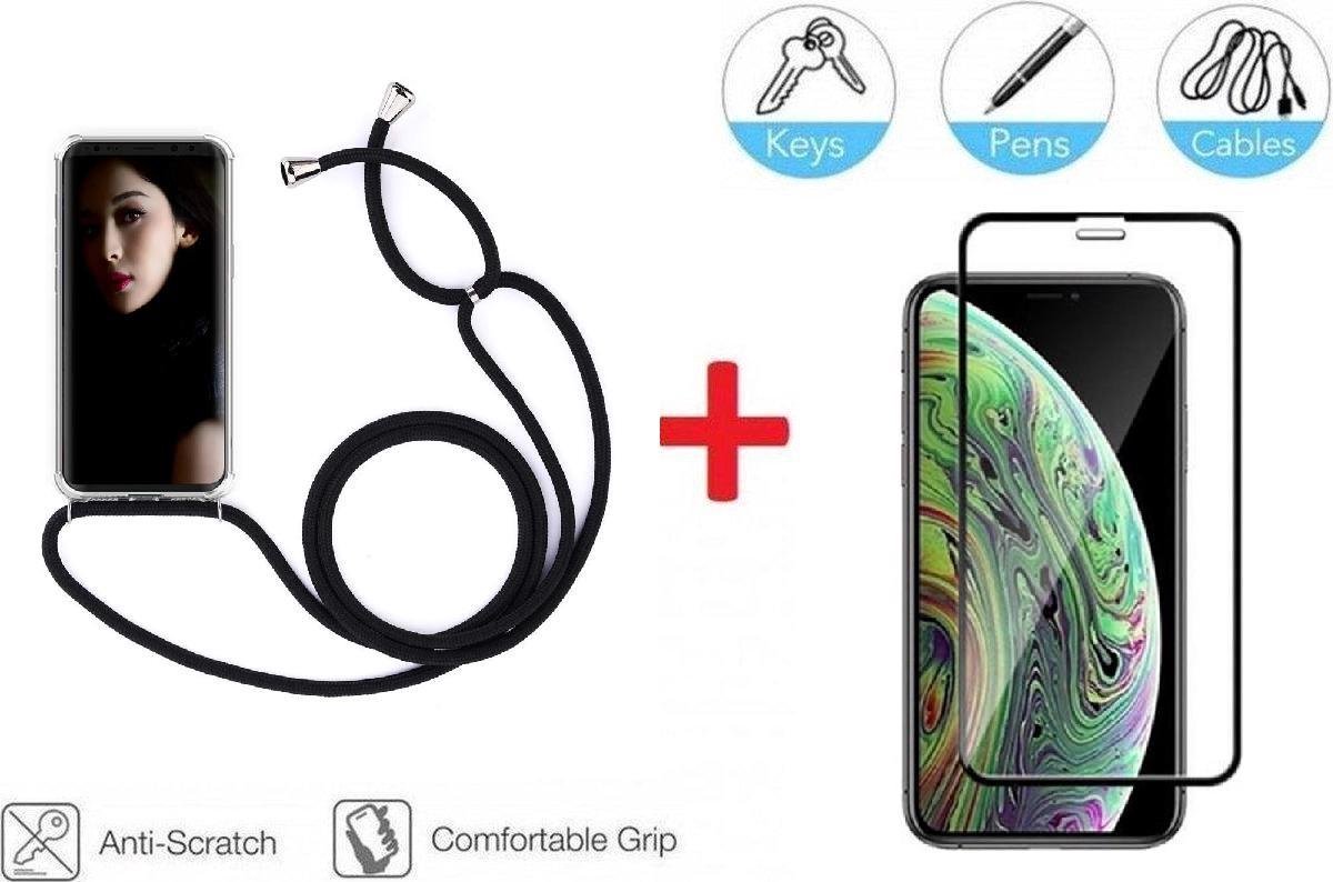 2-In-1 Shockproof Hoesje Met Koord & Screen Protector Set Voor Apple iPhone 11 - Full Cover 3D Edge Tempered Glass Beschermglas Met Siliconen Telefoonkoord Back Bescherm Hoes Cover Lanyard Strap - Crossbody Case Met Zwart Koord