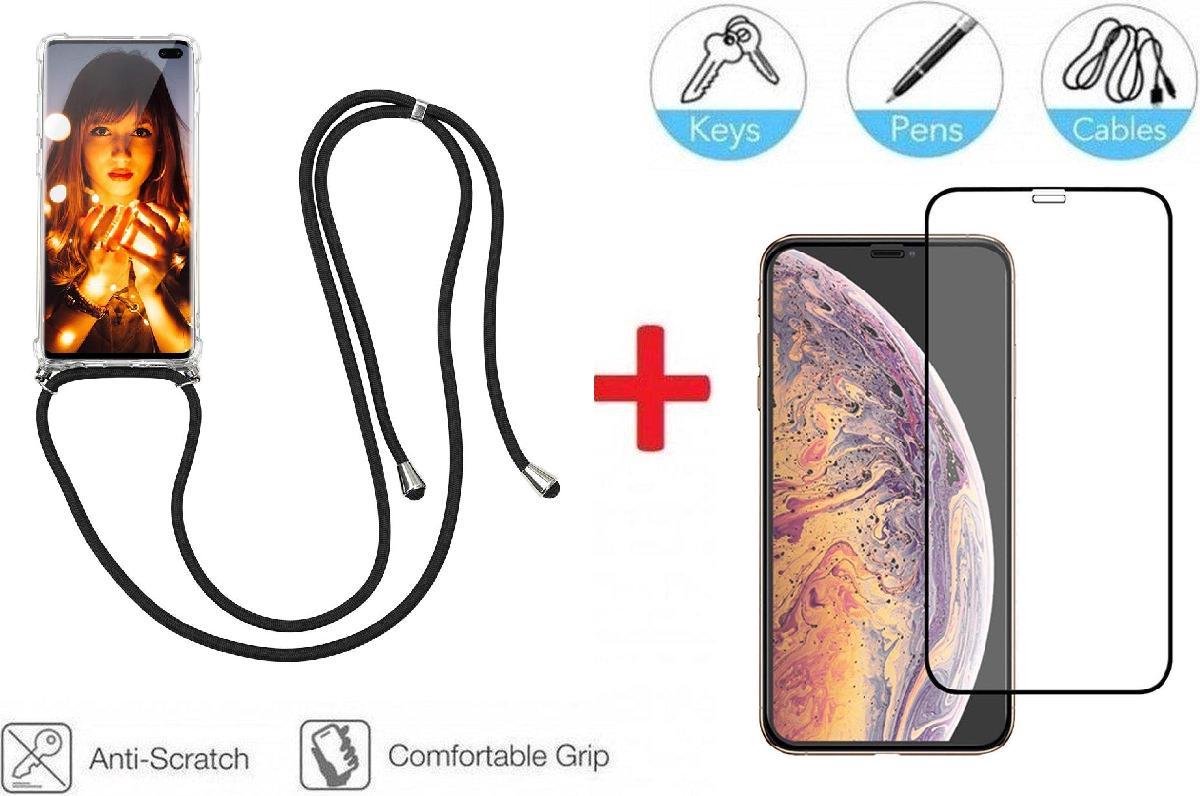 2-In-1 Shockproof Hoesje Met Koord & Screen Protector Set Voor Apple iPhone 11 Pro - Full Cover 3D Edge Tempered Glass Beschermglas Met Siliconen Telefoonkoord Back Bescherm Hoes Cover Lanyard Strap - Crossbody Case Met Zwart Koord