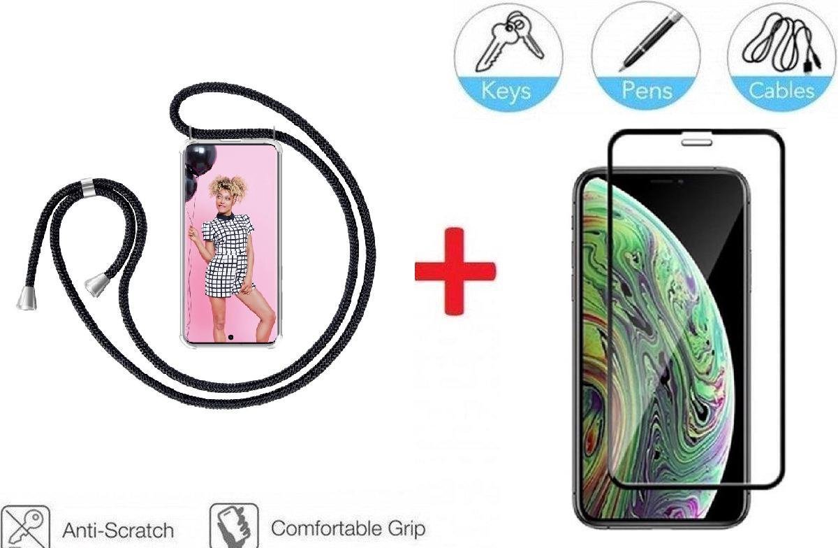 2-In-1 Shockproof Hoesje Met Koord & Screen Protector Set Voor Apple iPhone XS - Full Cover 3D Edge Tempered Glass Beschermglas Met Siliconen Telefoonkoord Back Bescherm Hoes Cover Lanyard Strap - Crossbody Case Met Zwart Koord