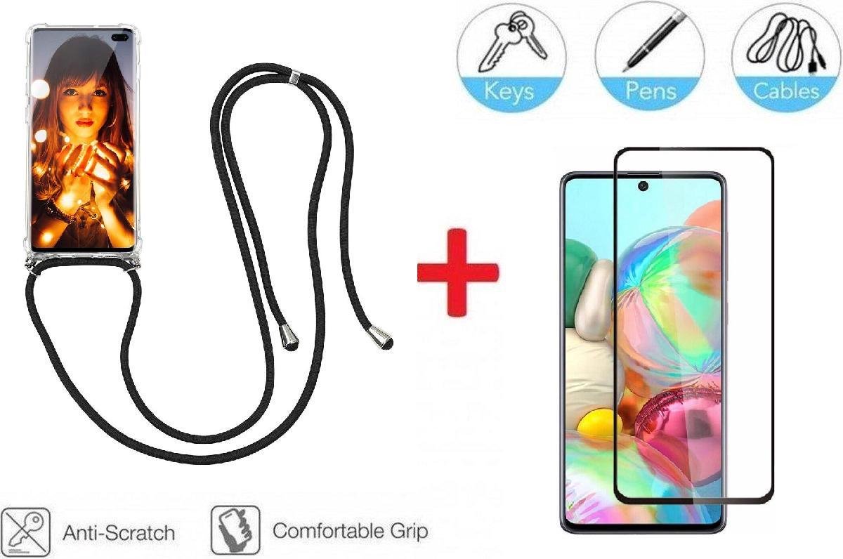 2-In-1 Shockproof Hoesje Met Koord & Screen Protector Set Voor Samsung Galaxy A51/A51 5G - Full Cover 3D Edge Tempered Glass Beschermglas Met Siliconen Telefoonkoord Back Bescherm Hoes Cover Lanyard Strap - Crossbody Case Met Zwart Koord