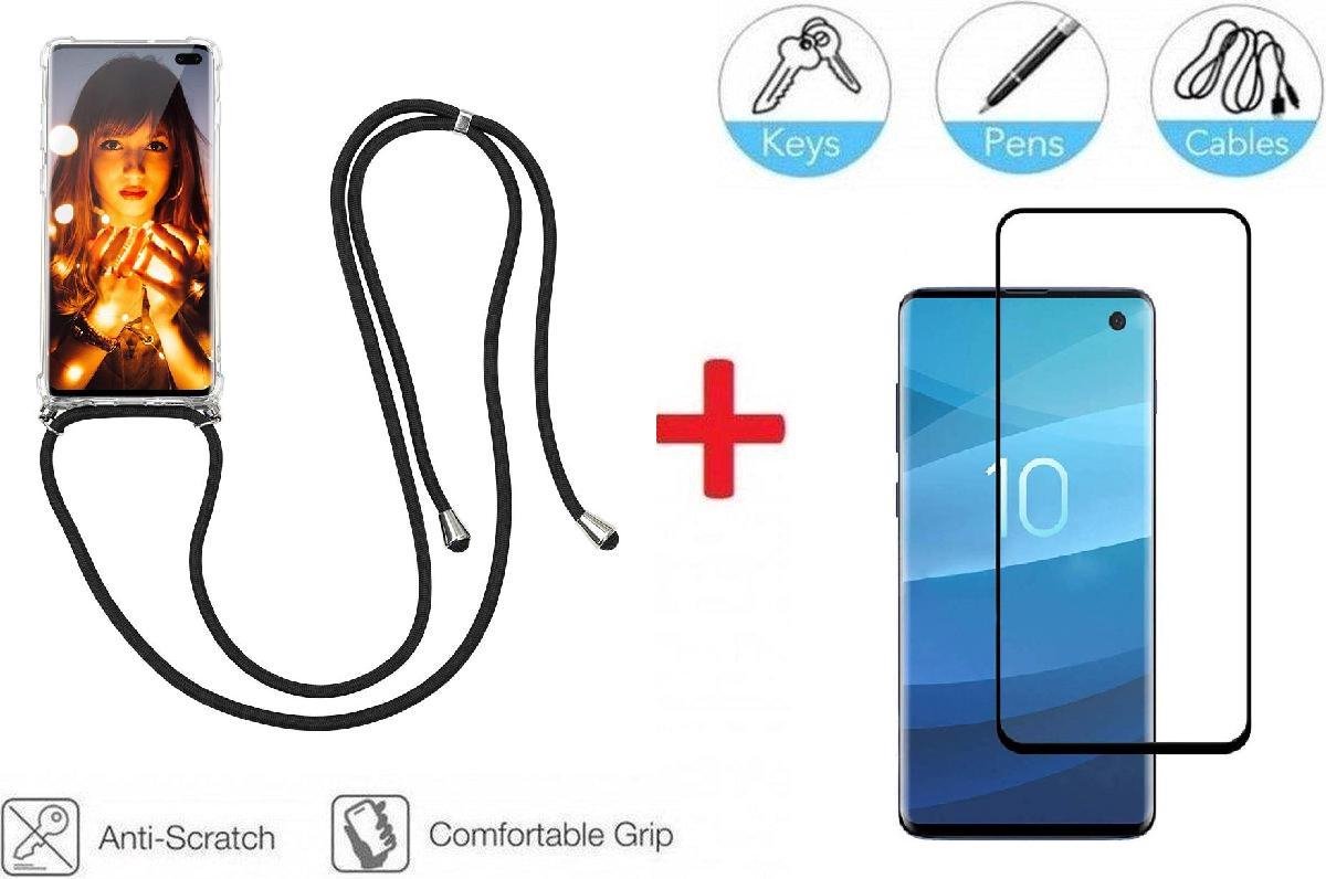 2-In-1 Shockproof Hoesje Met Koord & Screen Protector Set Voor Samsung Galaxy S10 - Full Cover 3D Edge Tempered Glass Beschermglas Met Siliconen Telefoonkoord Back Bescherm Hoes Cover Lanyard Strap - Crossbody Case Met Zwart Koord