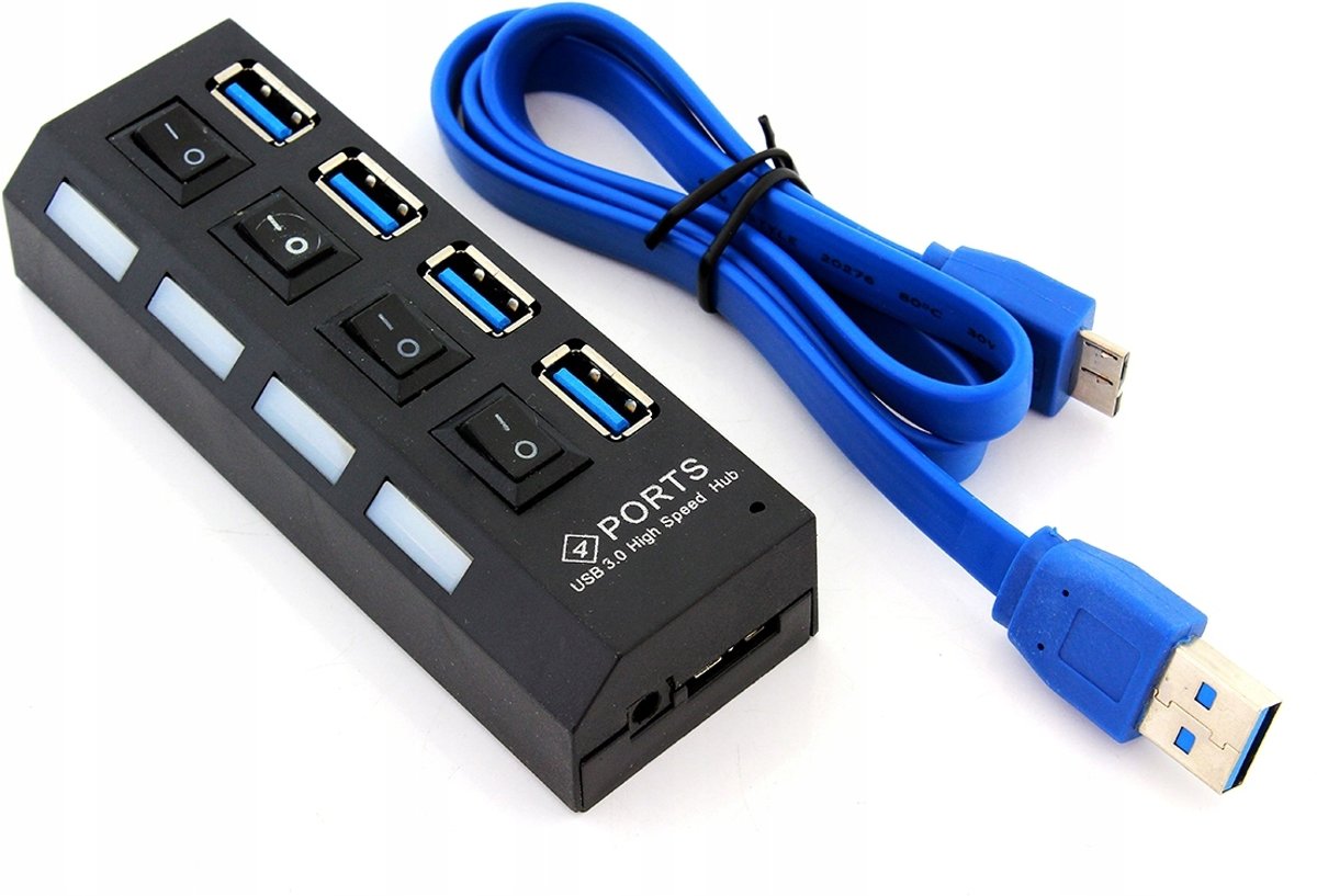 4 Poorts USB 3.0 Hub / Switch / Splitter / Verdeler - Met LED Verlichting & Aan/Uit Schakelaar - Compatibel Met Windows PC Laptop & Apple Mac - Zwart