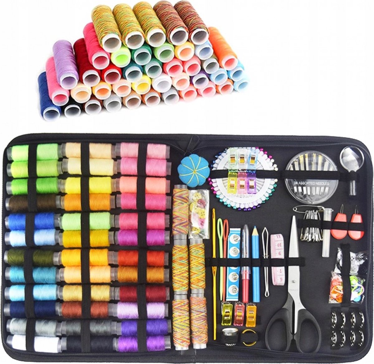 Complete 200-Delige XXL Naaiset - Naaigerei Naaigarnituur Accessoires Set - In Etui Naaidoos - Naaikoffer Naaibox Met Naainaalden Naalden Draad Klosjes Garen Vingerhoedje Pincet Meetlint Steekmarkeerders Naaldinrijger - Met Naaietui