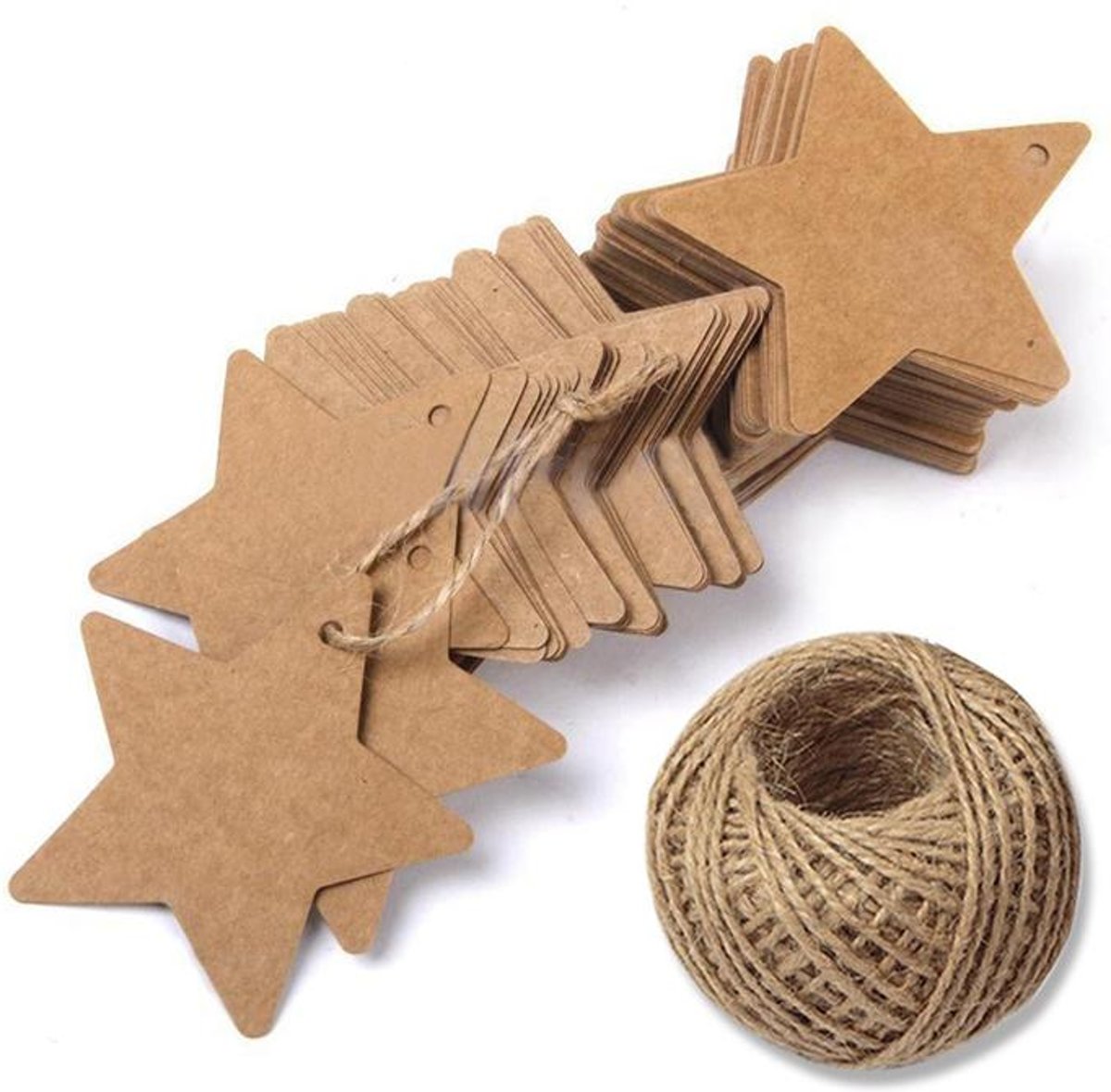 Kartonnen Hobby Kraft Labels Met Touw AA commerce - Sterren - Set 100 Stuks - kerst  Kraftpapier Cadeaulabels - 6x6 CM