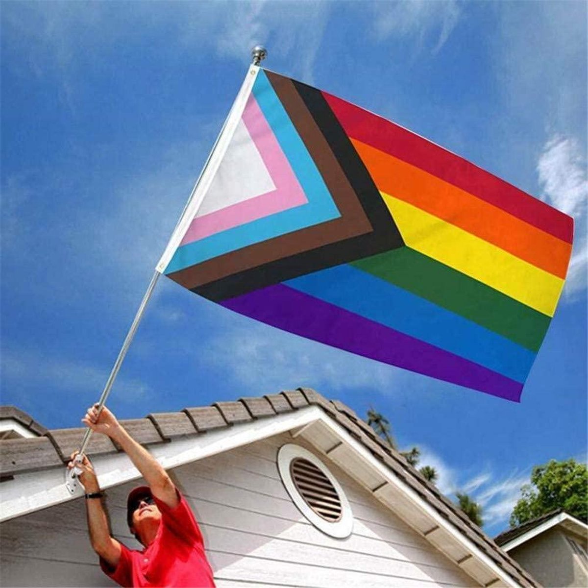 LGBT Gay Pride Progress Regenboog Vlag - Regenboogvlag - Grote Homo Rainbow Flag - Van 100% Polyester - Vlaggenmast Vlag UV & Weerbestendig - Met Versterkte Mastrand & Messing Ogen - 90x150 CM