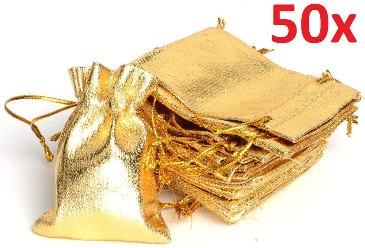 Luxe Gouden Organza Stof Zakjes - Kadozakjes / Kadotasjes - Cadeauverpakking Tasjes - Feestzakjes - Sieraden / Cadeau Kado Gift Bag Kado - Uitdeelzakjes Set Van 50 Stuks - Inpakzakjes Snoepzakjes - 10x12 Centimeter - Met Trekkoord - Goud Kleurig