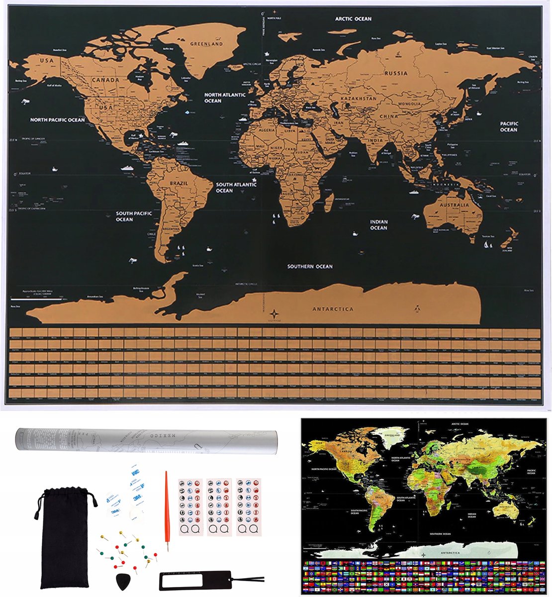 Luxe Kras Wereldkaart Met Acccessoires - Inclusief Stickers &  World Scratchmap & Poster - Deluxe Kraskaart Wereld - Vlaggen - Wereldbol Poster / Kaart / Wereldmap / World map / Wereld Kaart - Goud/Zwart