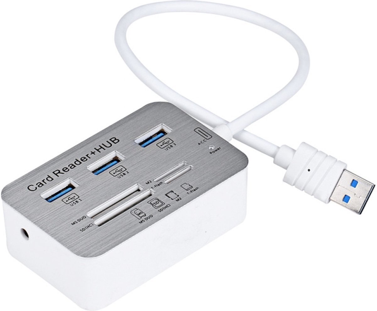 Multi USB 3.0 Hub Splitter & Geheugenkaartlezer - 3 Poorts Verdeler Met Memory Card - MMC/TF/Micro SD Kaart Reader - Windows & Mac Compatibel - Plug&Play - Aluminium Look