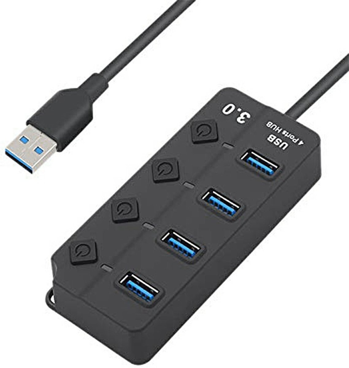 Supersnelle 4 Poorts USB 3.0 Hub / Switch / Splitter / Verdeler - Met Aan/Uit Schakelaar - Compatibel Met Windows PC Laptop & Apple Mac - Zwart