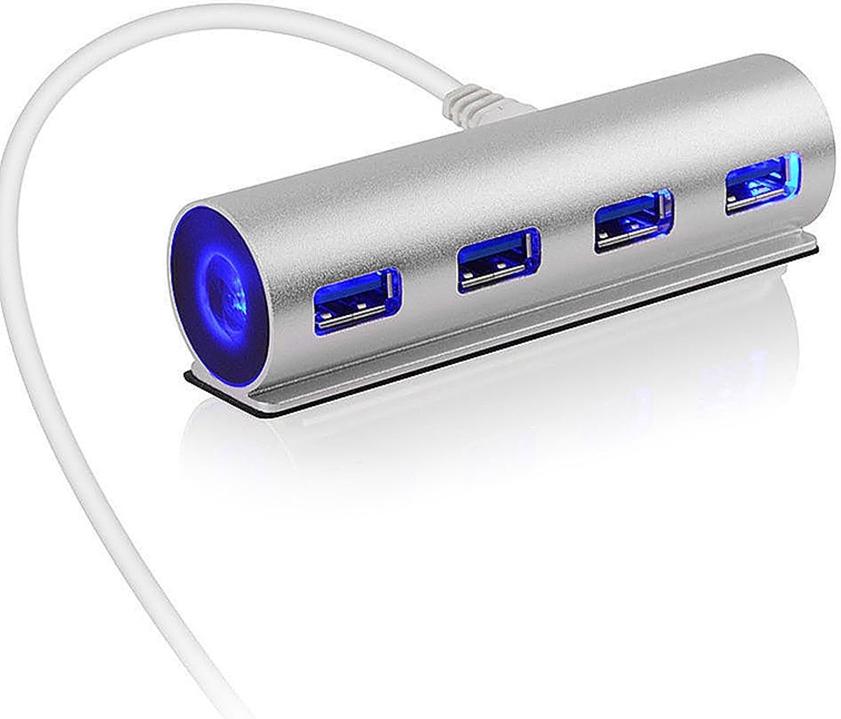 Supersnelle 4 Poorts USB 3.0 Hub / Switch / Splitter / Verdeler - Met LED Verlichting -  Compatibel Met Windows PC Laptop & Apple Mac - Aluminium Look