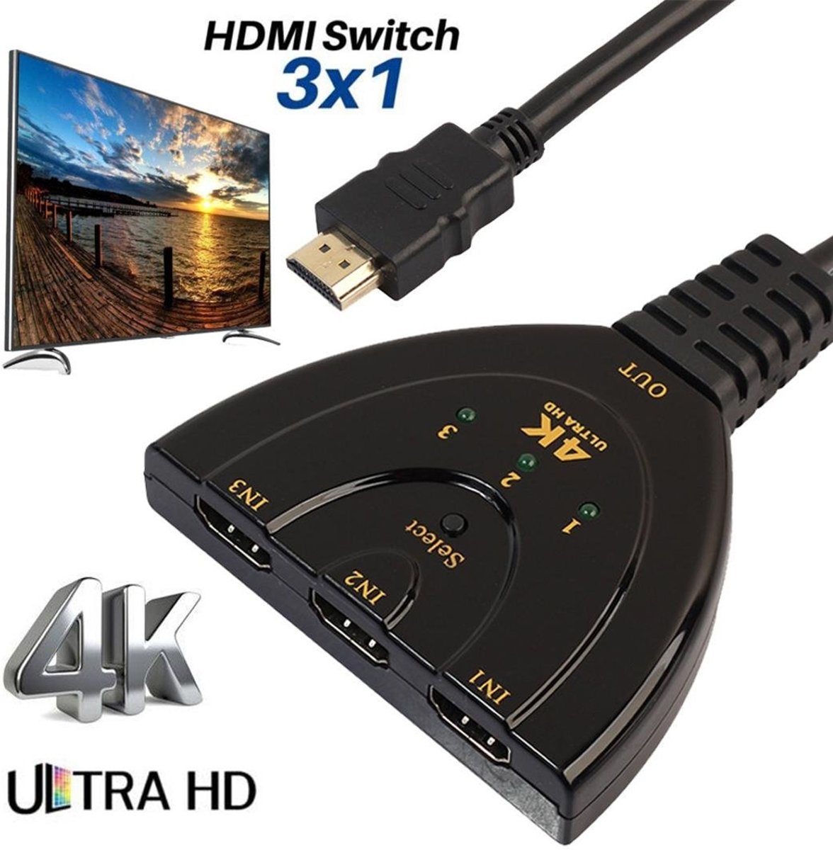 Supersnelle 4K 3 Naar 1 HDMI Switch Met Pigtail Kabel - / Splitter / Hub / Verdeler Schakelaar - Ultra FUll HD - Drie Poorten Switcher - Zwart