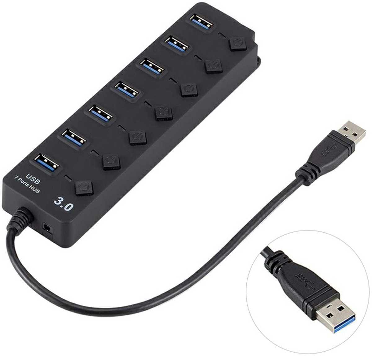 Supersnelle XL 7 Poorts USB 3.0 Hub / Switch / Splitter / Verdeler - Met Aan/Uit Schakelaar -  Compatibel Met Windows PC Laptop & Apple Mac - Zwart