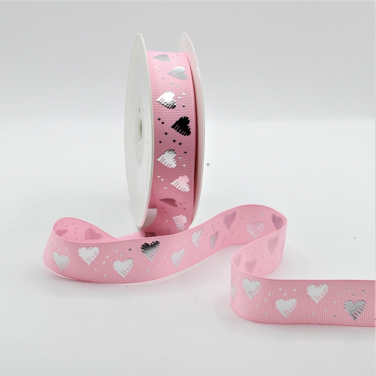 20 meter Lint Bedrukt met ** Hartjes ** , Prima Kwaliteit, LICHTROZE, ideaal voor Valentijn, Scrapbooking, enz... Grosgrain 25mm (Ribsband)