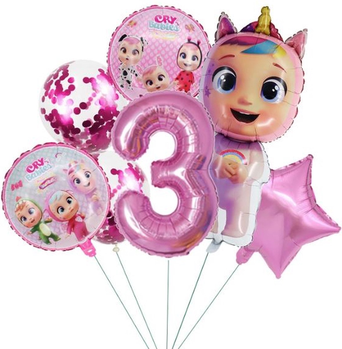 7 stuks folieballonnen  -  cry baby  - cry babies  -  thema ballonnen -roze - getal 3 - kinderverjaardag - feestje -