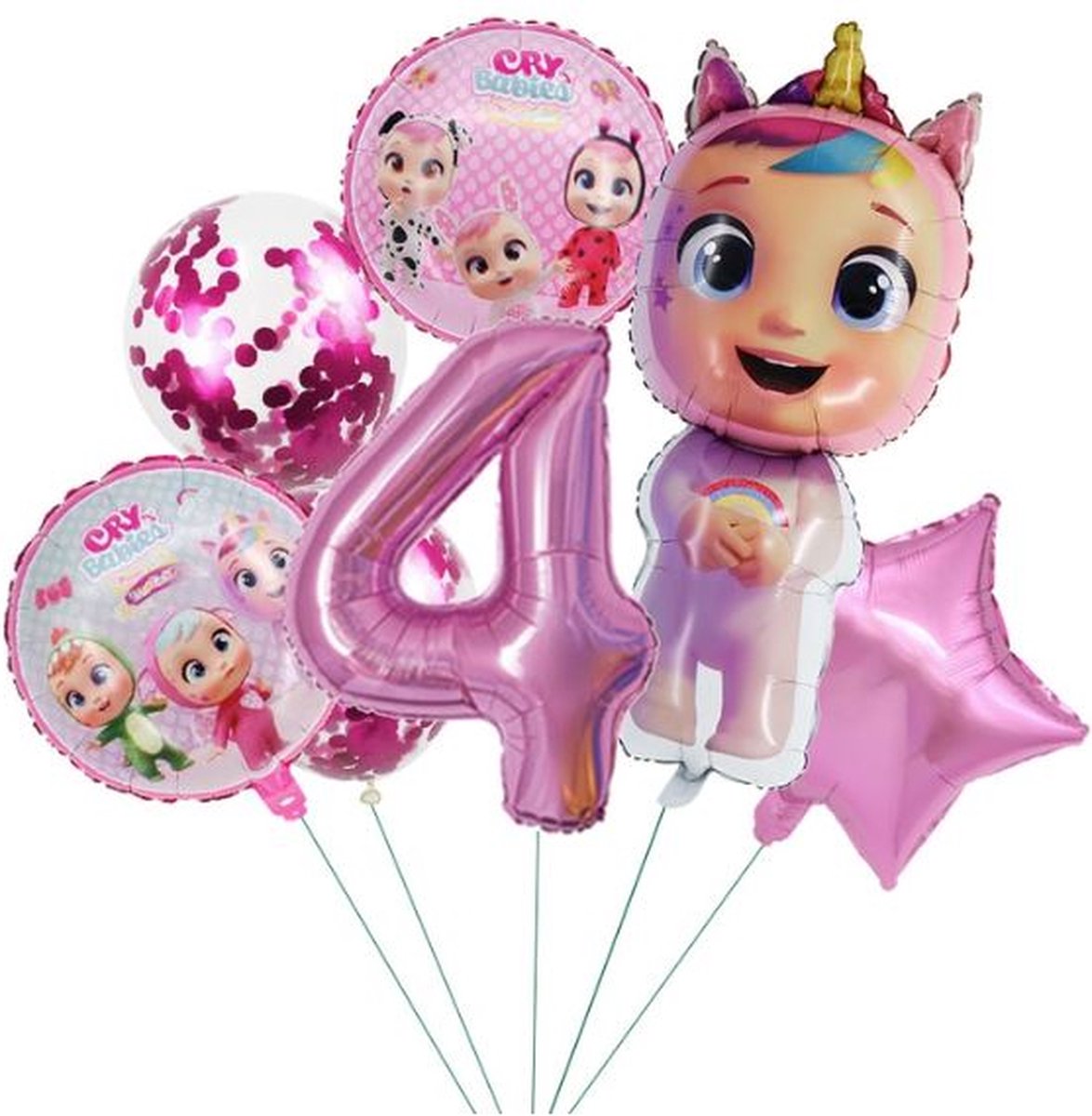 7 stuks folieballonnen - cry baby  - cry babies  - thema ballonnen -roze - getal 4 - kinderverjaardag - feestje -