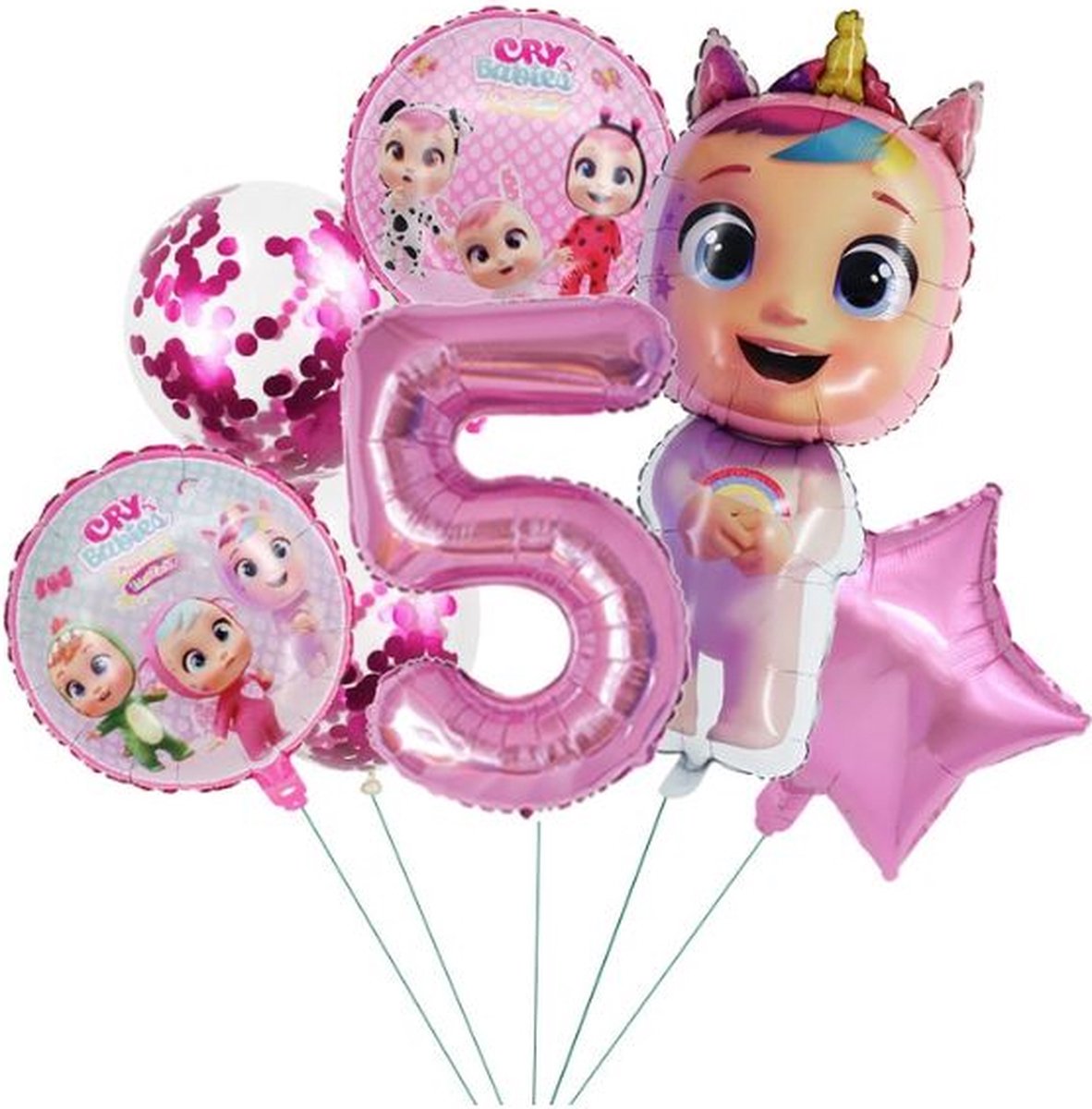 7 stuks folieballonnen - cry baby - cry babies - thema ballonnen -roze - getal 5 - kinderverjaardag - feestje -