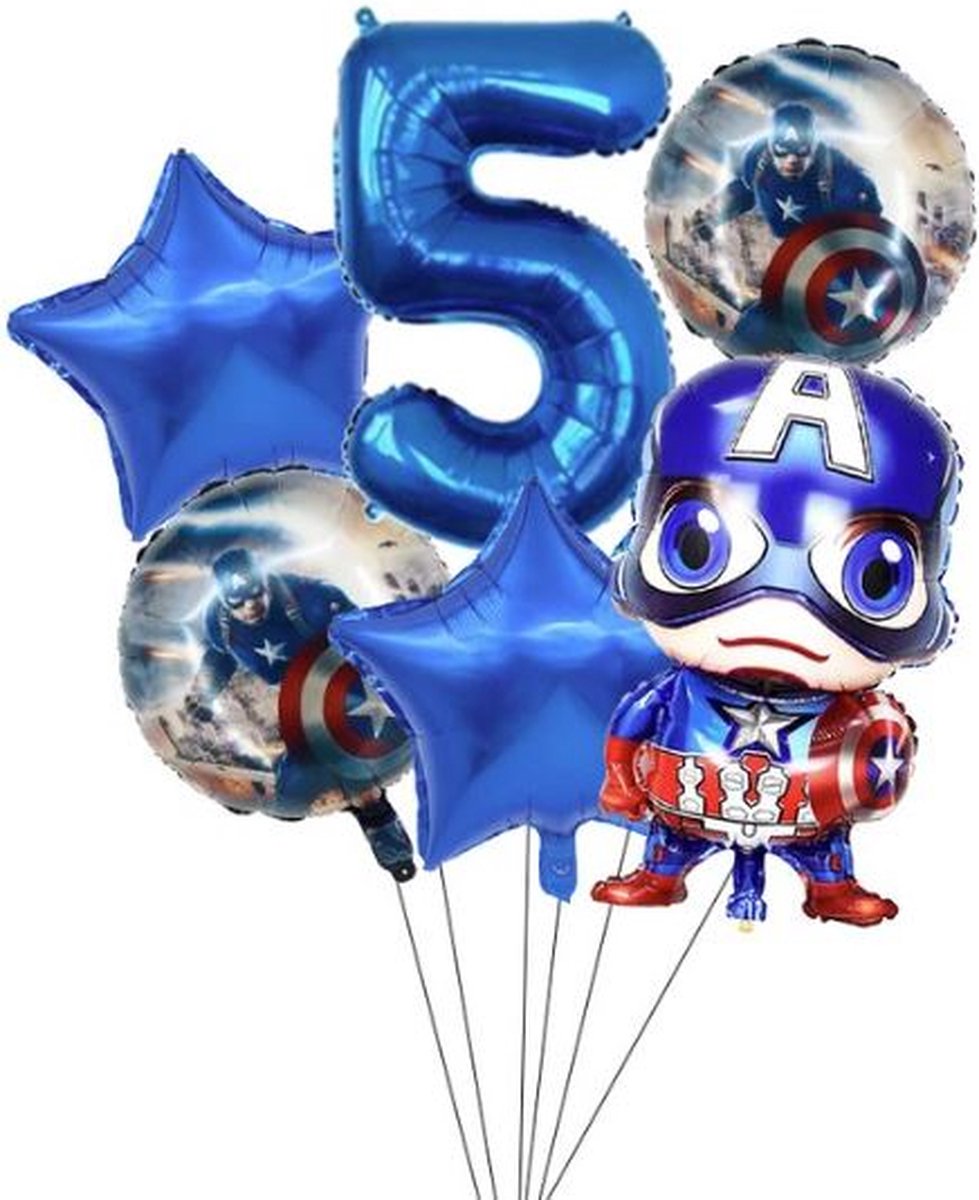 Captain America folie ballon -ballonnen set van 6 - Marvel Avengers - verjaardag -thema - kinderfeest -superhelden - getal - 5 jaar