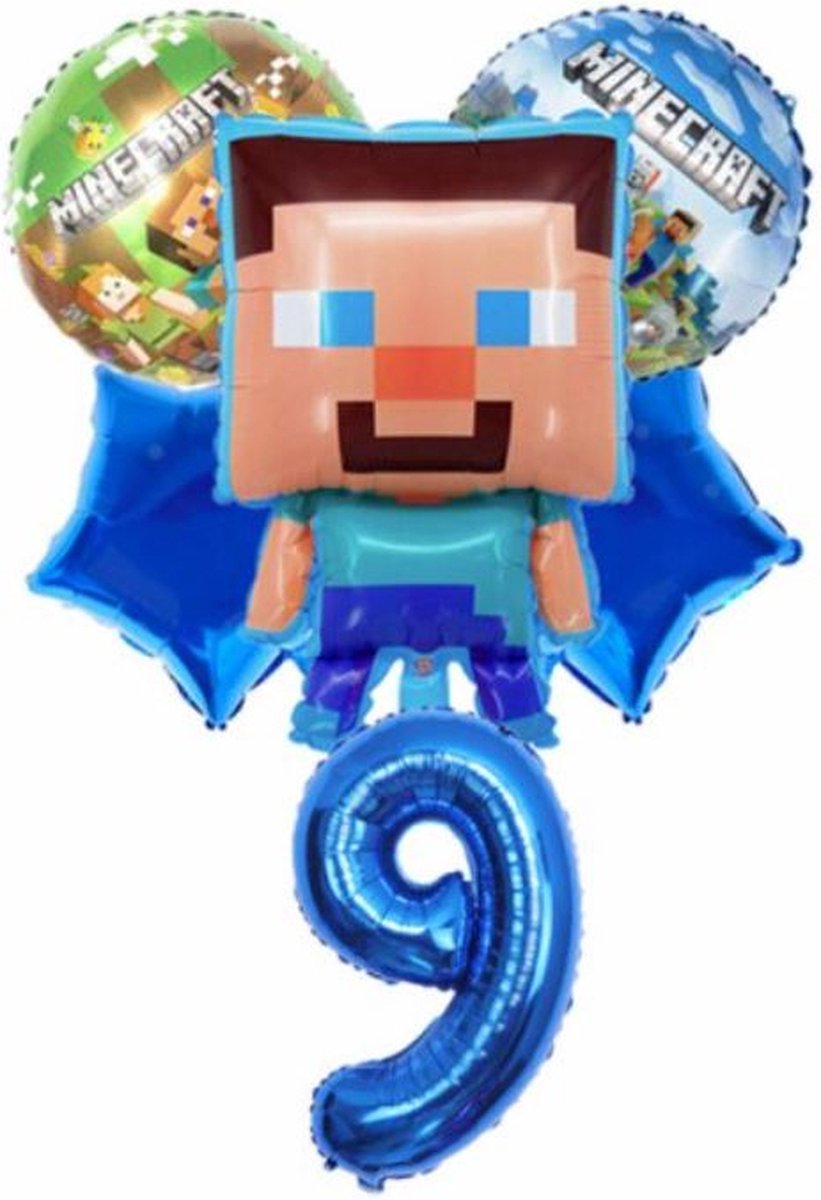 Minecraft folie ballon - ballonnen set van 6 - verjaardag - thema - blauw - 9 jaar -