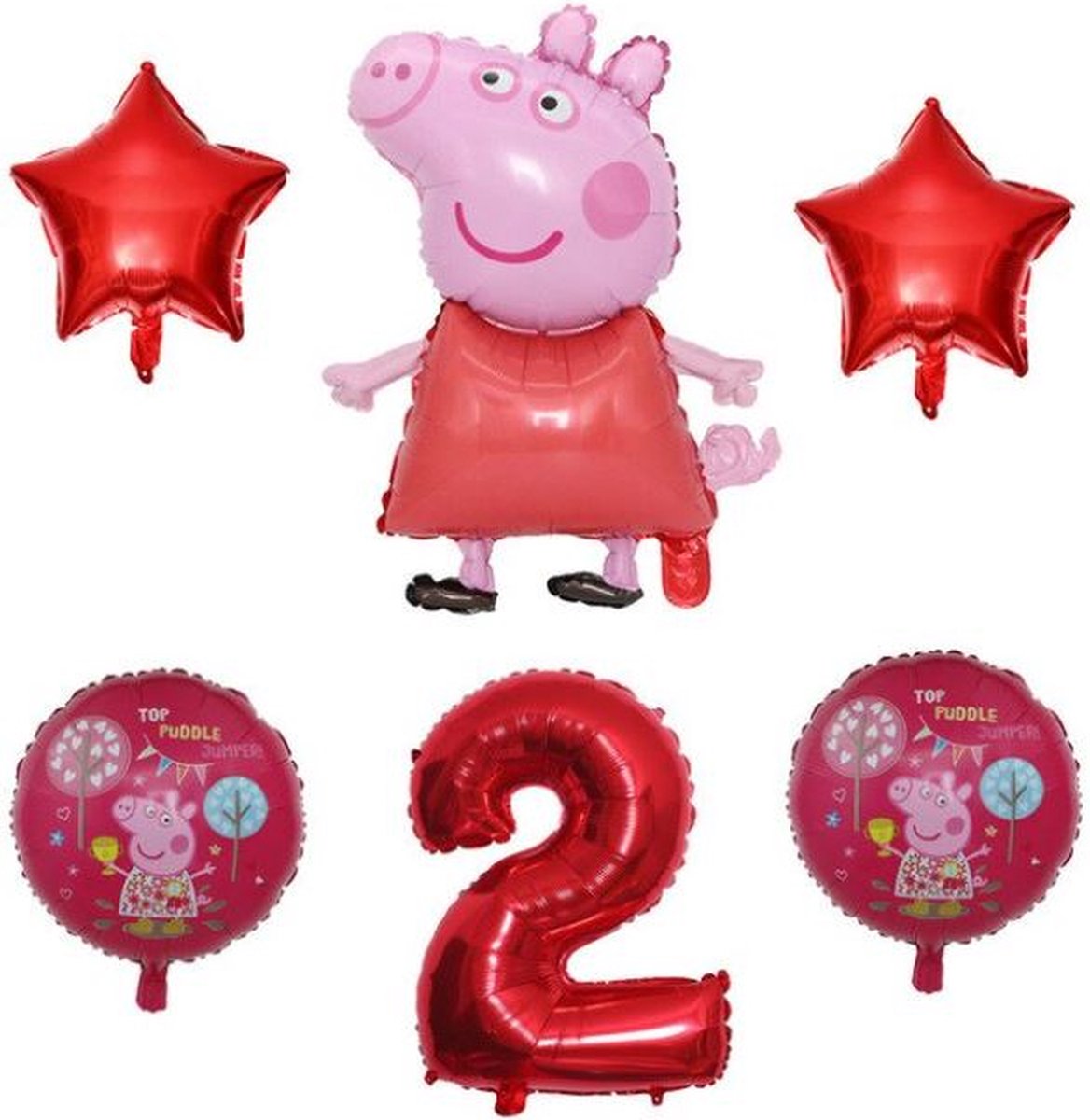 Peppa Pig - Big - Peppa folie ballonnen - set van 6  - rode ballonnen - 81 cm groot getal ballon - 2 jaar