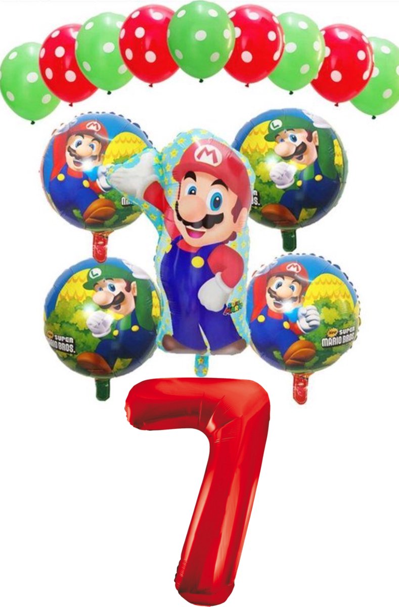 Super Mario - Luigi - ballon set - thema - ballonnen - 7 jaar - verjaardagballonnen - groen - rood met Cijferballon 7 jaar