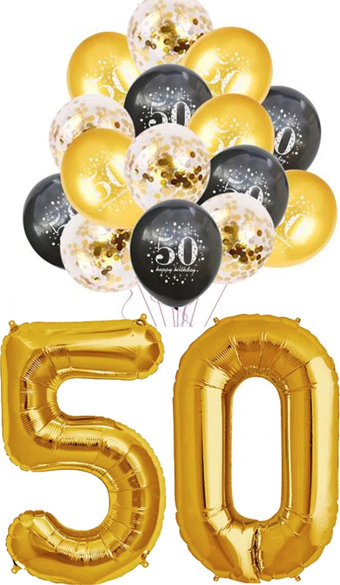 folie en latex Ballonen set 50 jaar - met 5 gouden en 5 zwarte en 5 gouden  confetti  ballonnen - Goud - Zwart - verjaardag ballonnen - 1 meter