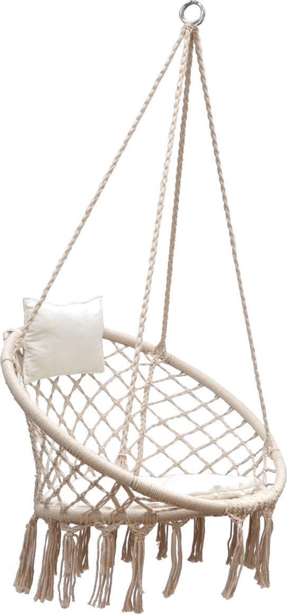 80cm Hangstoel - Macrame Schommel met Kussens - Boho Ronde Ophangstoel tot 120kg