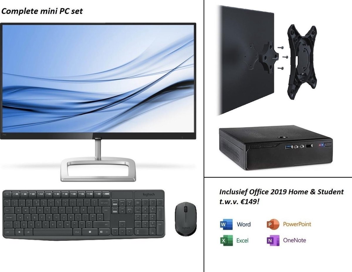 Mini PC AMD A10 met 24 inch Philips monitor en draadloze Logitech muis & toetsenbord - Quad Core - 8GB RAM - 960GB SSD - Win10 Pro - incl. Office Home & Student t.w.v. €149! (Word, Excel, PowerPoint, OneNote)