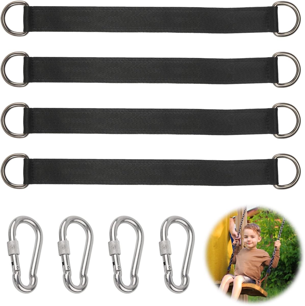 Hangmataccessoires - Hangmatriemen - Met 4 karabijnhaken - Lengte 30 cm - Draagvermogen 300 kg - Bevestigingsmaterialen voor hangstoelen - Geschikt voor binnen- en buitengebruik -  