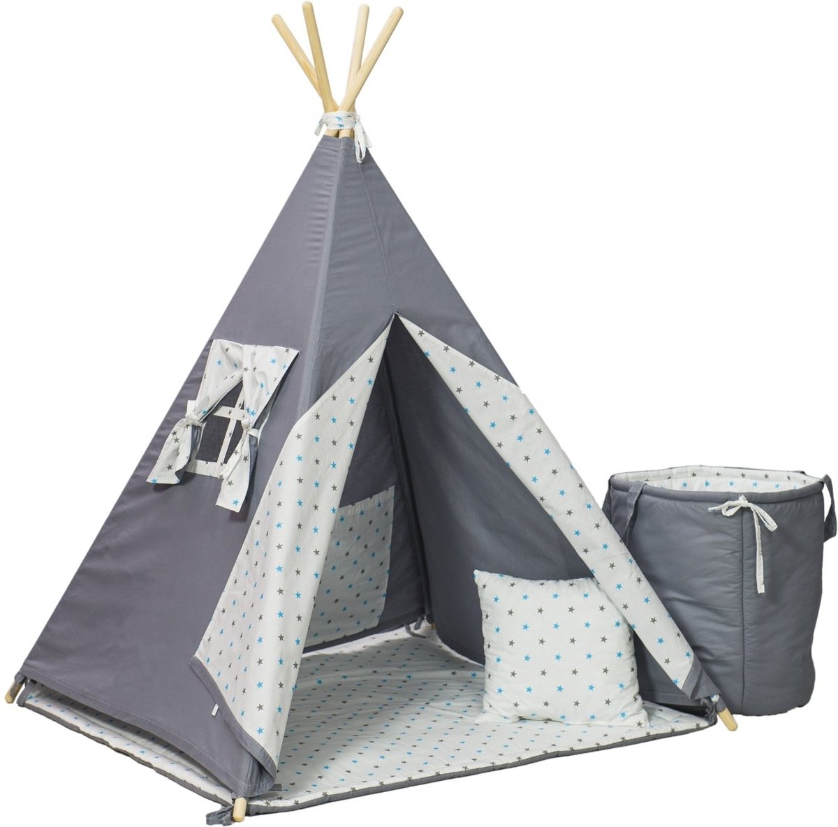 Wigwam tipi teepee tent - speeltent - 4 delig - 100% katoen - grijs en turquoise sterren