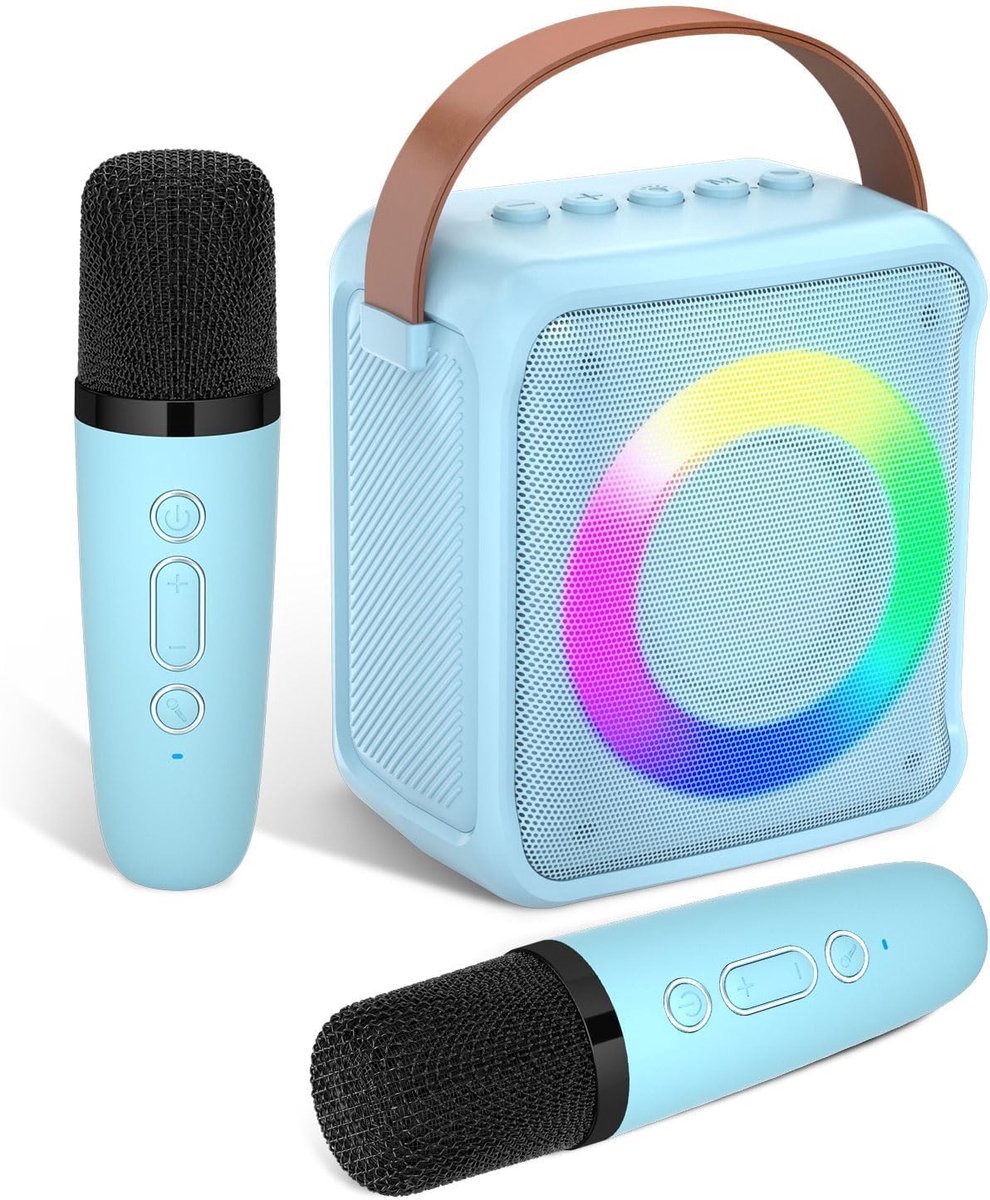 Draagbare Karaoke set - Incl. 2 draadloze karaoke microfoons - Bluetooth Speaker - Voor Volwassenen en Kinderen - Blauw