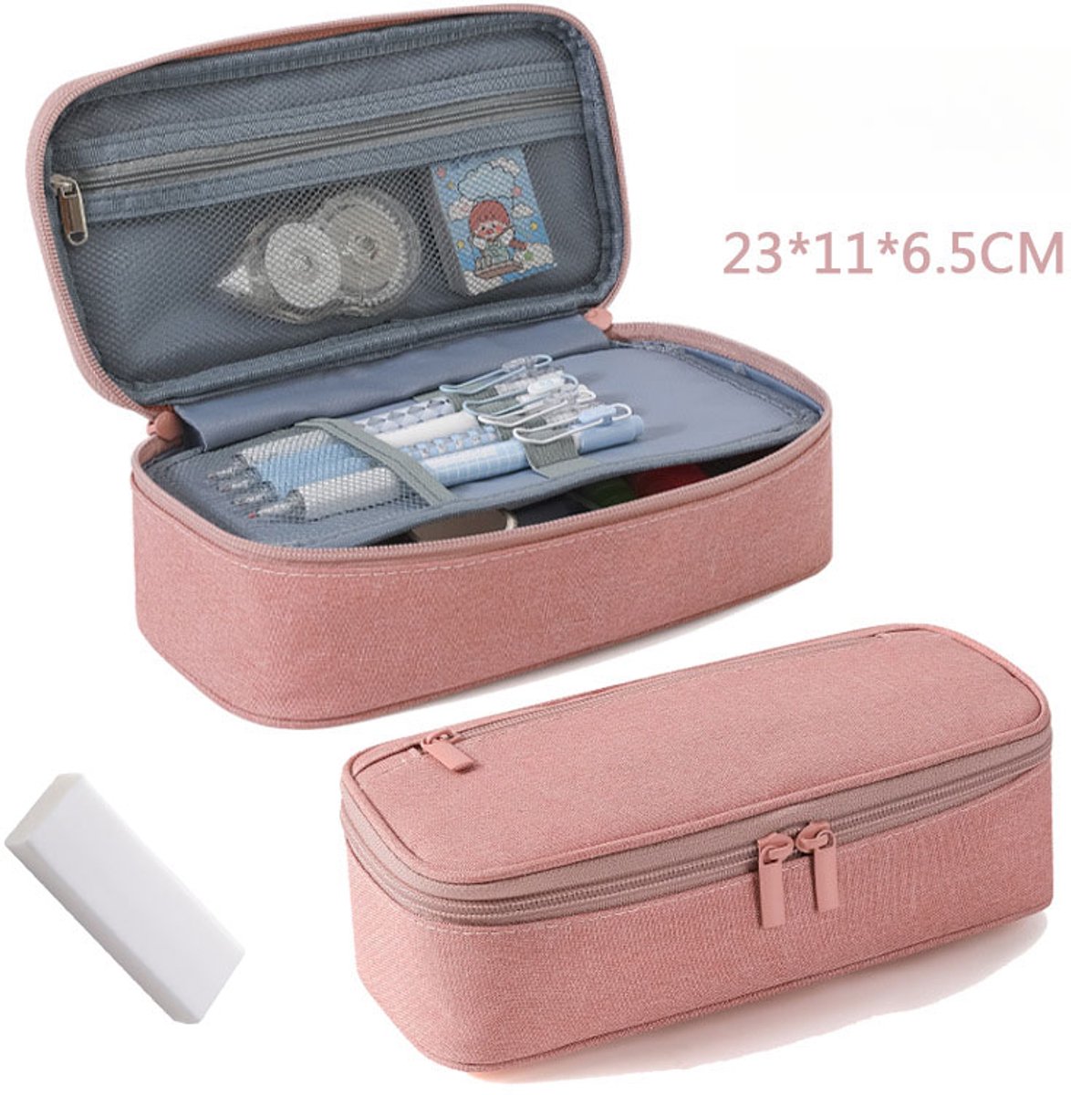 Grote Capaciteit Potlood Hoesje En 1 Witte Gum, High-value Potlood Hoesje, Make-up Tas - Draagbaar - Minimalistisch, Opslag Potlood Hoesje, Wasbaar - Geschikt Voor Studenten, Volwassenen, Kantoorbehoeften, Roze