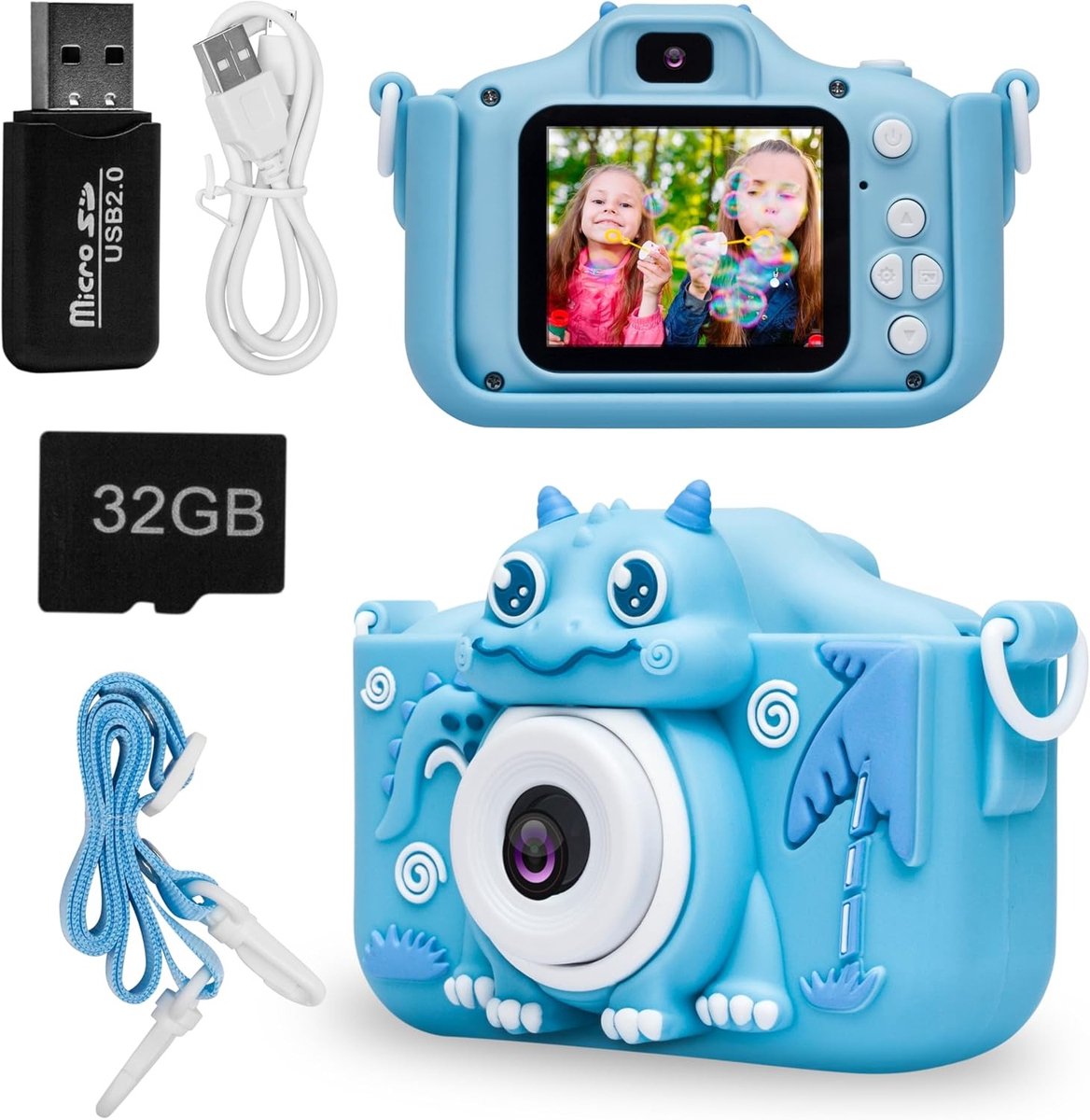 Kindercamera met 32GB geheugenkaart – 1080p HD kinder fotocamera en videocamera – Blauwe cartoon dinosaurus camera voor kinderen 3-9 jaar – Inclusief silicone stootbestendige hoes, spelletjes en leeskaart