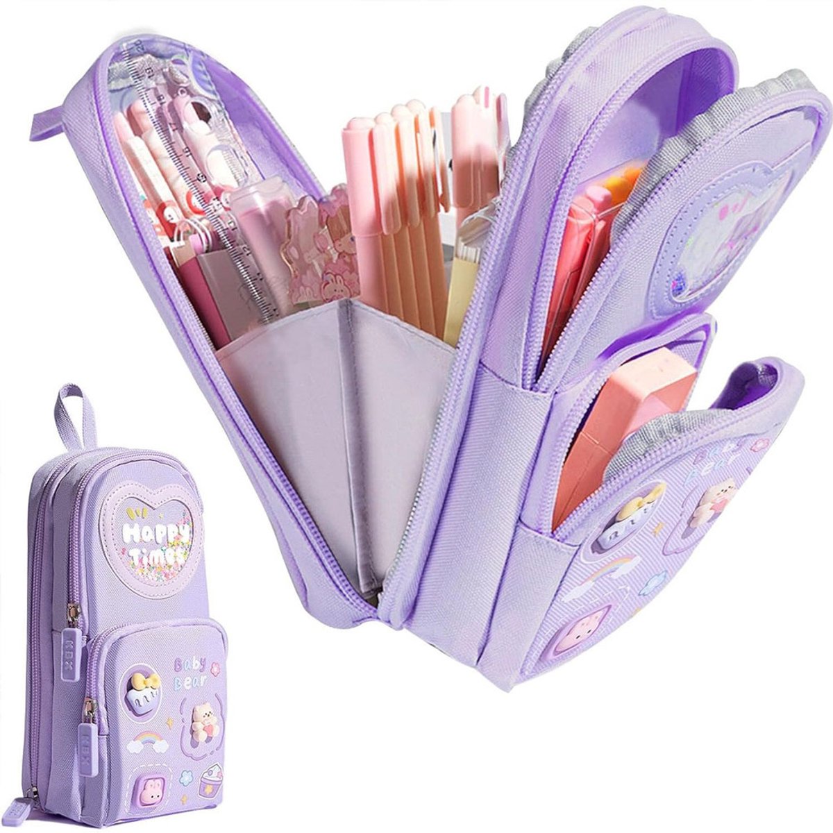 Meerlaagse etui met grote capaciteit en compartimenten, schattige cartoon etui voor kinderen, schoolbenodigdheden (Paars - Type A)