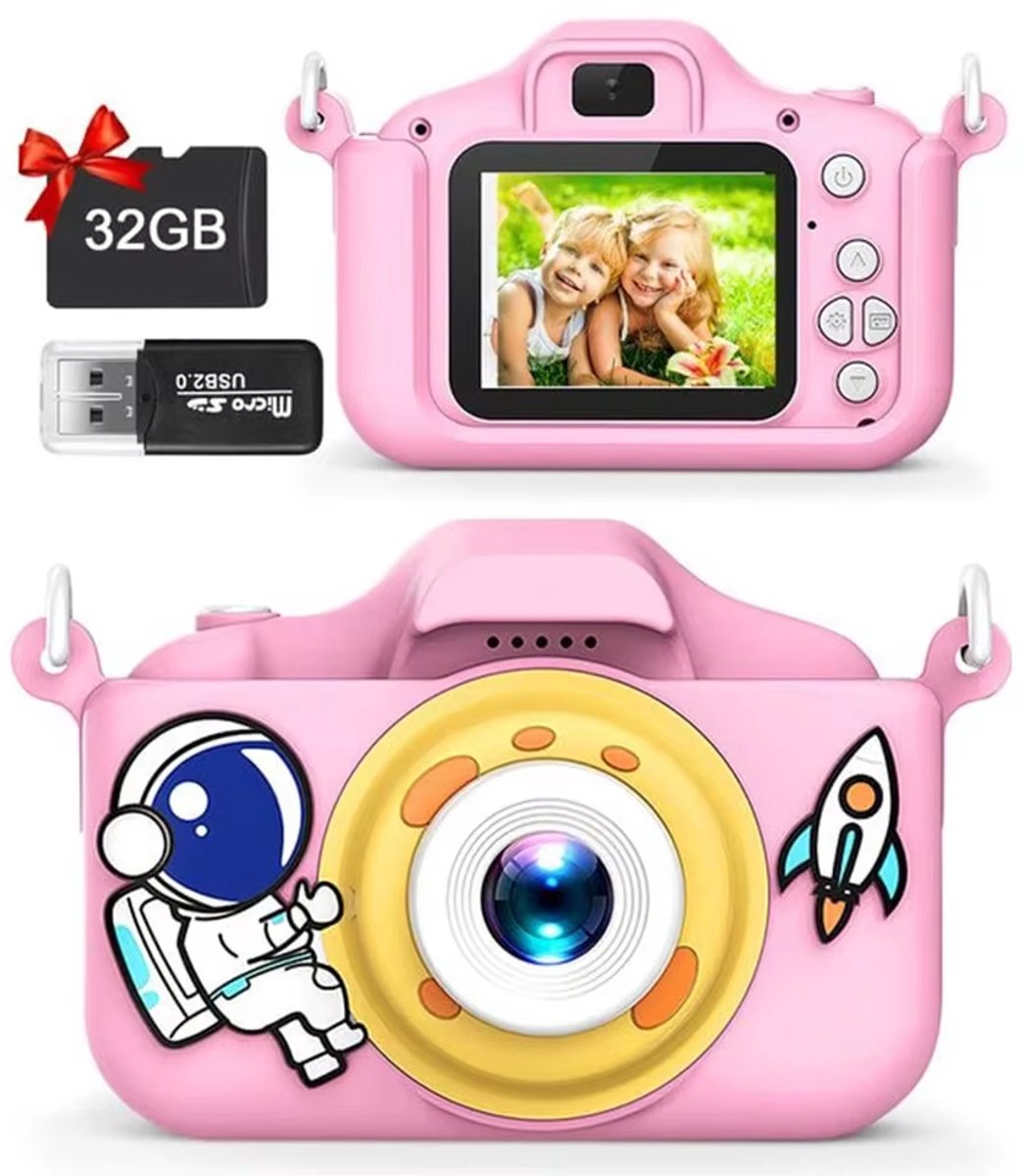 Mini Spaceman-speelgoedcamera, kindercamera voor meisjes en jongens, 1080P HD digitale videocamera, draagbare selfie-speelgoedcamera voor peuters, educatief kinderspeelgoed verjaardagscadeaus, Roze, met 32GB SD-kaart