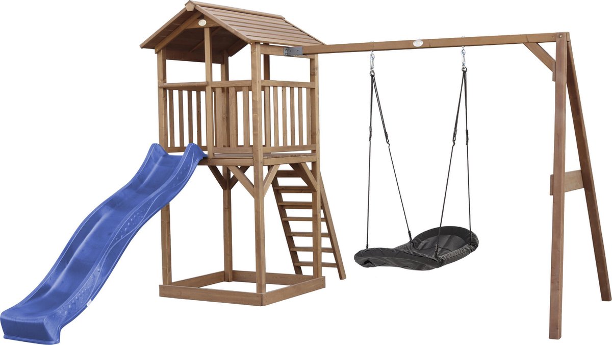   Beach Tower Speeltoren met Roxy Nestschommel Bruin - Blauwe Glijbaan - Zandbak - FSC Hout
