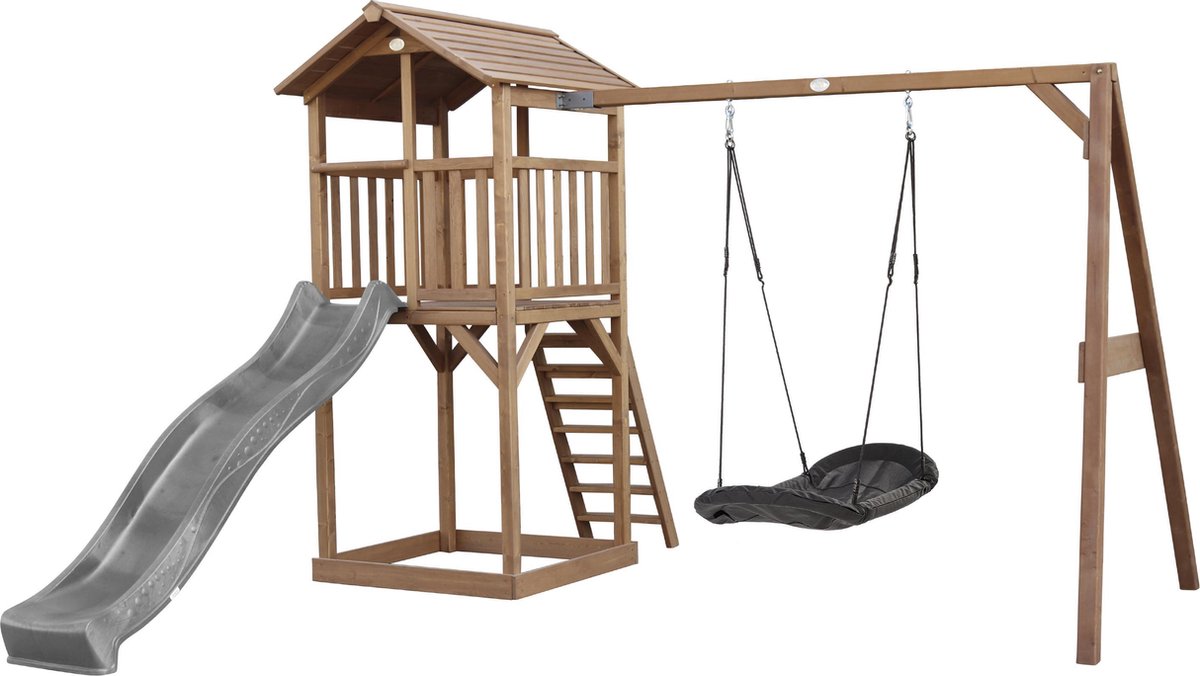   Beach Tower Speeltoren met Roxy Nestschommel Bruin - Grijze Glijbaan - Zandbak - FSC Hout