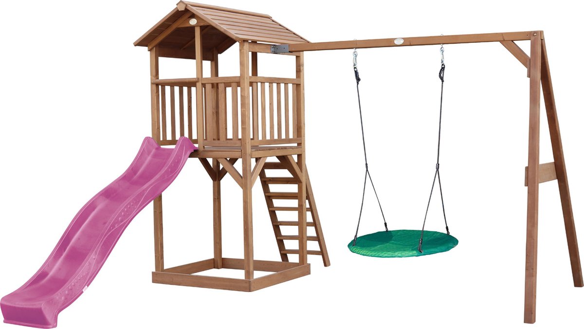   Beach Tower Speeltoren met Summer Nestschommel Bruin - Paarse Glijbaan - Zandbak - FSC Hout