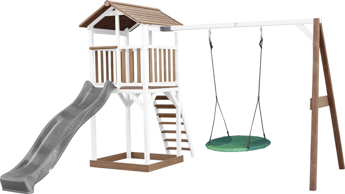   Beach Tower Speeltoren met Summer Nestschommel Bruin/wit - Grijze Glijbaan - Zandbak - FSC Hout