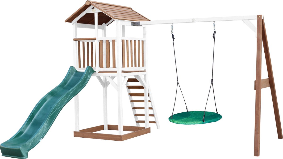   Beach Tower Speeltoren met Summer Nestschommel Bruin/wit - Groene Glijbaan - Zandbak - FSC Hout