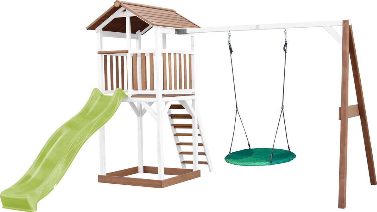   Beach Tower Speeltoren met Summer Nestschommel Bruin/wit - Limoen groene Glijbaan - Zandbak - FSC Hout