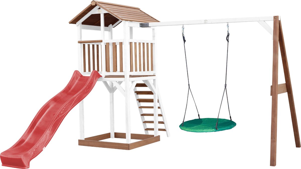   Beach Tower Speeltoren met Summer Nestschommel Bruin/wit - Rode Glijbaan - Zandbak - FSC Hout