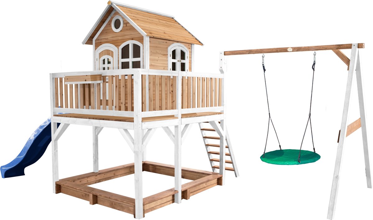   Classic Liam Speelhuis met Summer Nestschommel Bruin/wit - Blauwe Glijbaan